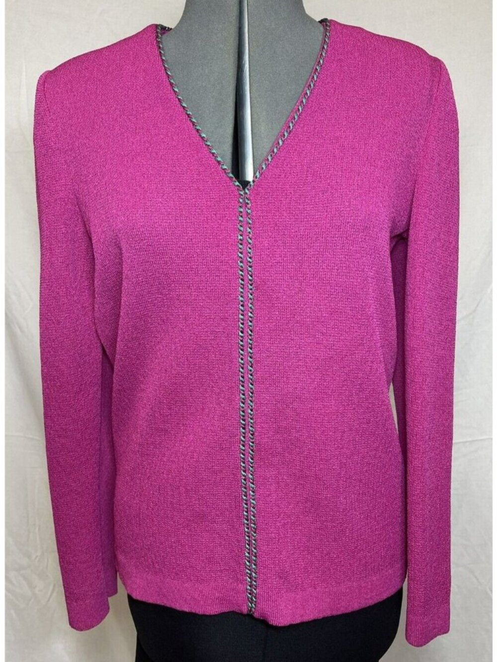 1980s Vintage Castleberry Womens Pink Sweater V Neck Green Trim Detail Size 12